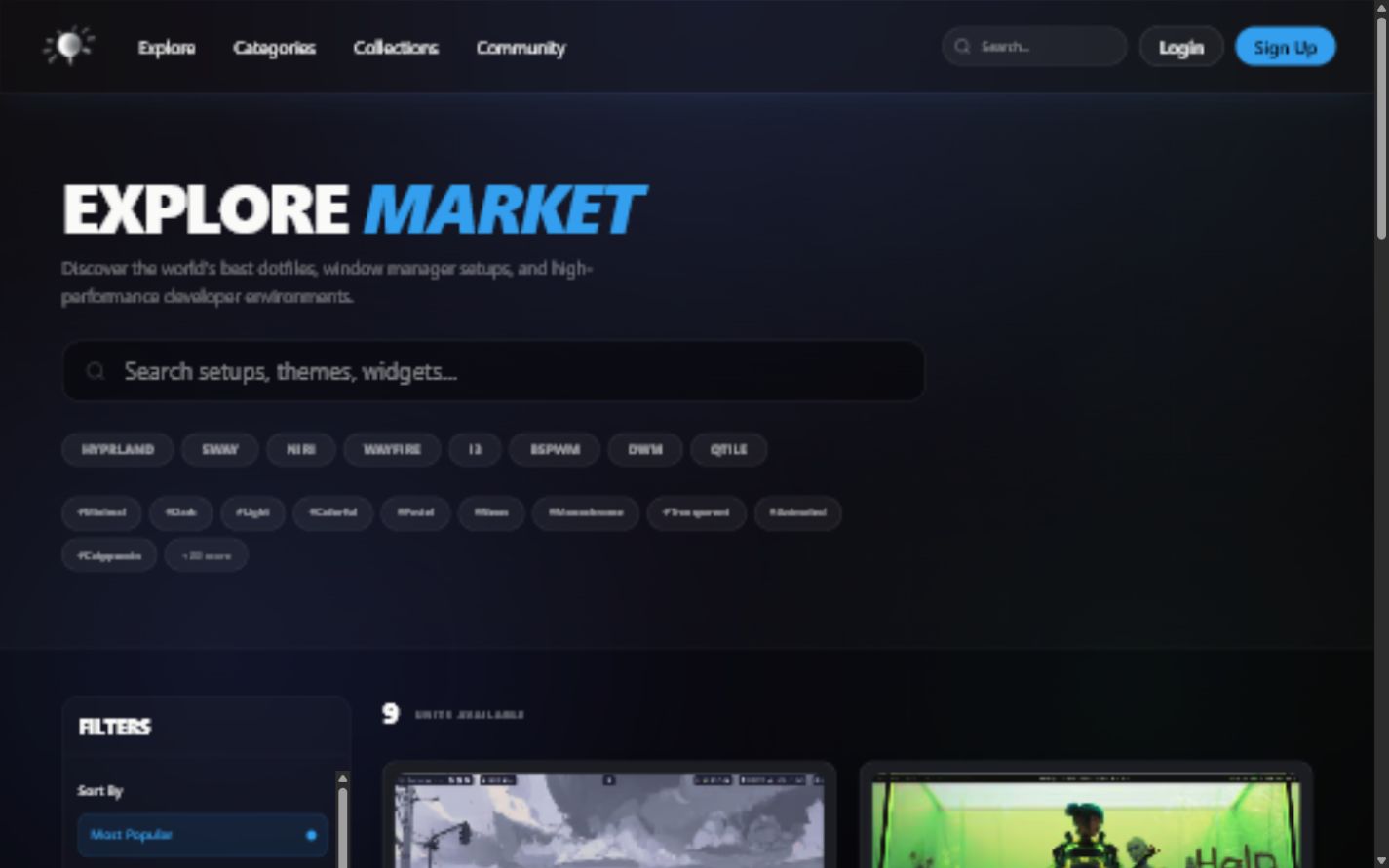 The live Dotfiles Market explore page with search, categories, tags, filters, and showcase results