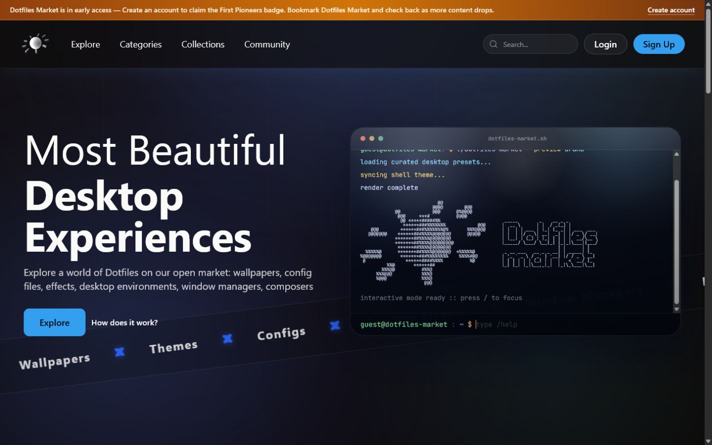 The live Dotfiles Market homepage and interactive terminal