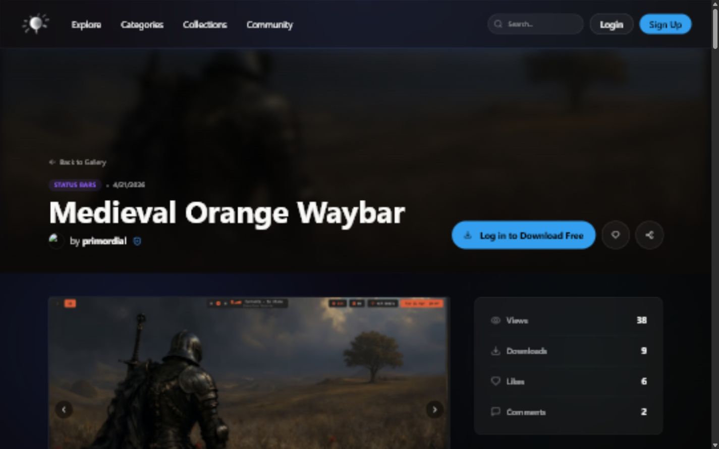 A live Dotfiles Market showcase detail page for Medieval Orange Waybar
