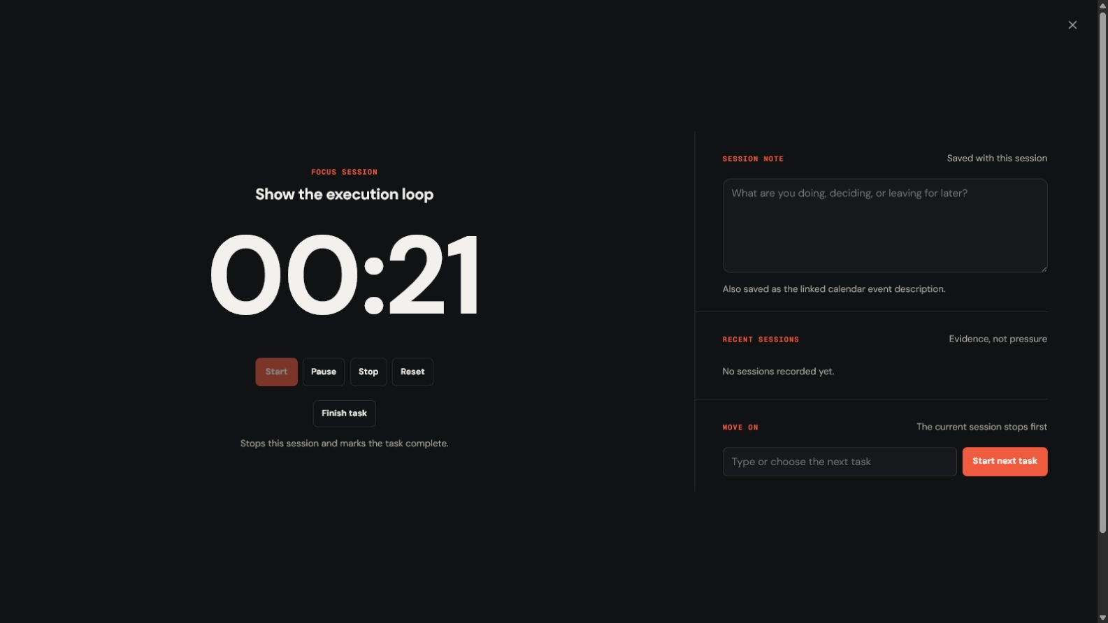 The live fullscreen focus view with a running Stopwatch, session note, recent-session evidence, and next-task control