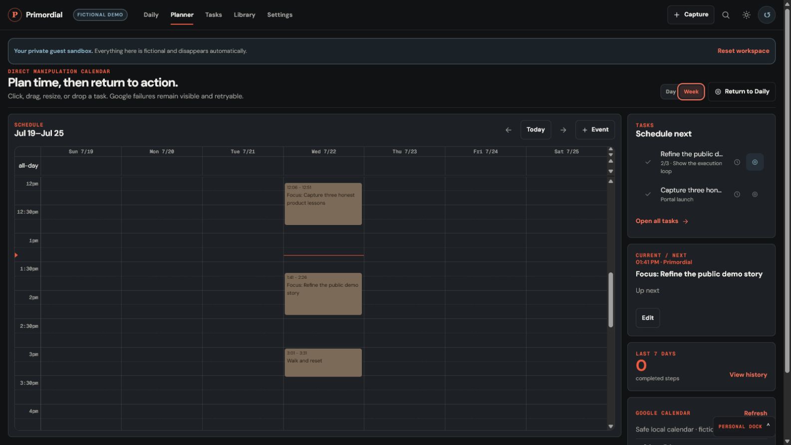 The live Primordial Portal week Planner with fictional linked focus blocks, a task rail, and current work